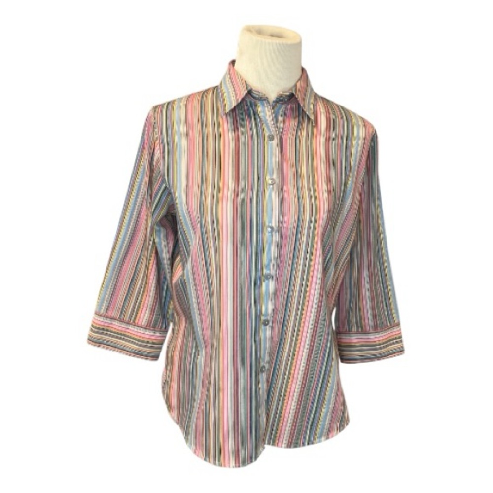 Foxcroft Women's Wrinkle Free Button Down Stripped Shirt 3/4 Sleeve Size 10P
